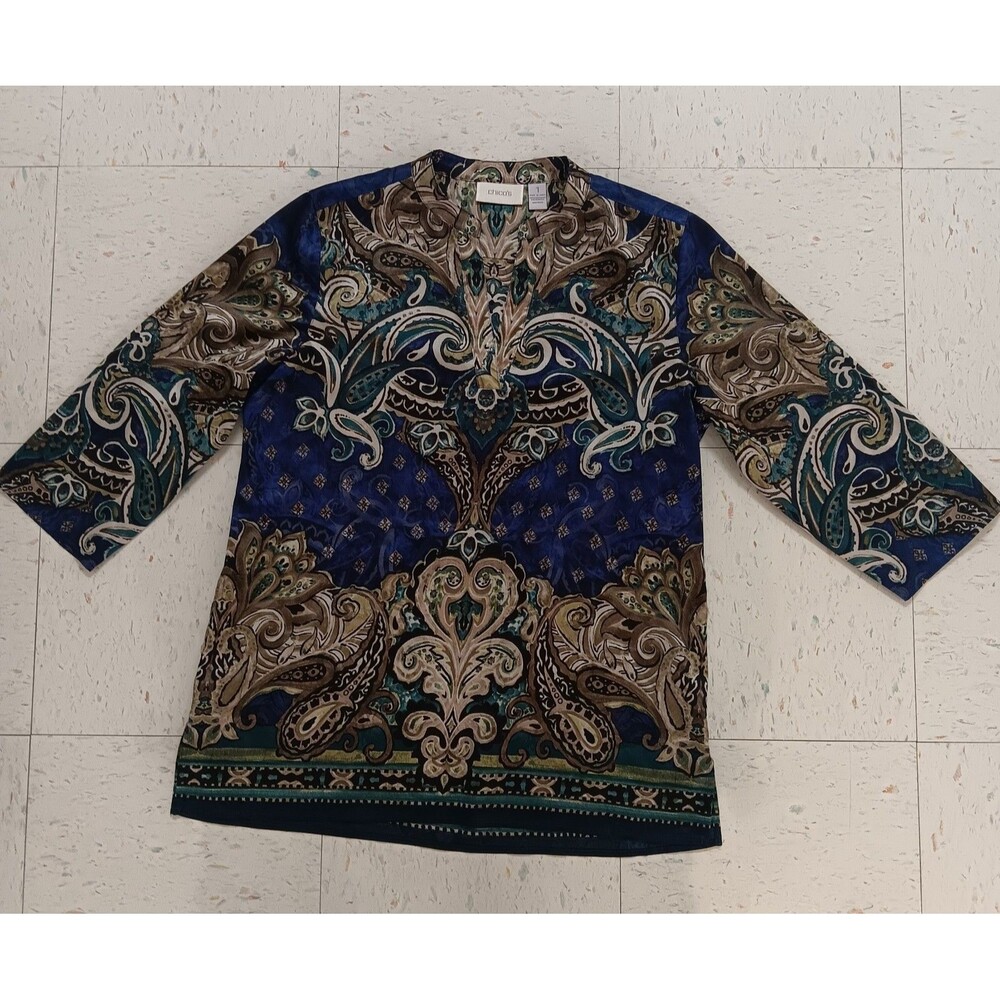 Chicos Size 1 Paisley Tunic Womens  Blue 3/4 Sleeve Lightweight V Neck